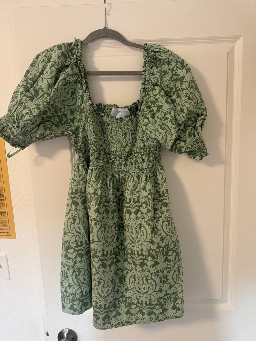 Hill House Sage Green Smocked Puff-Sleeve Mini Dress